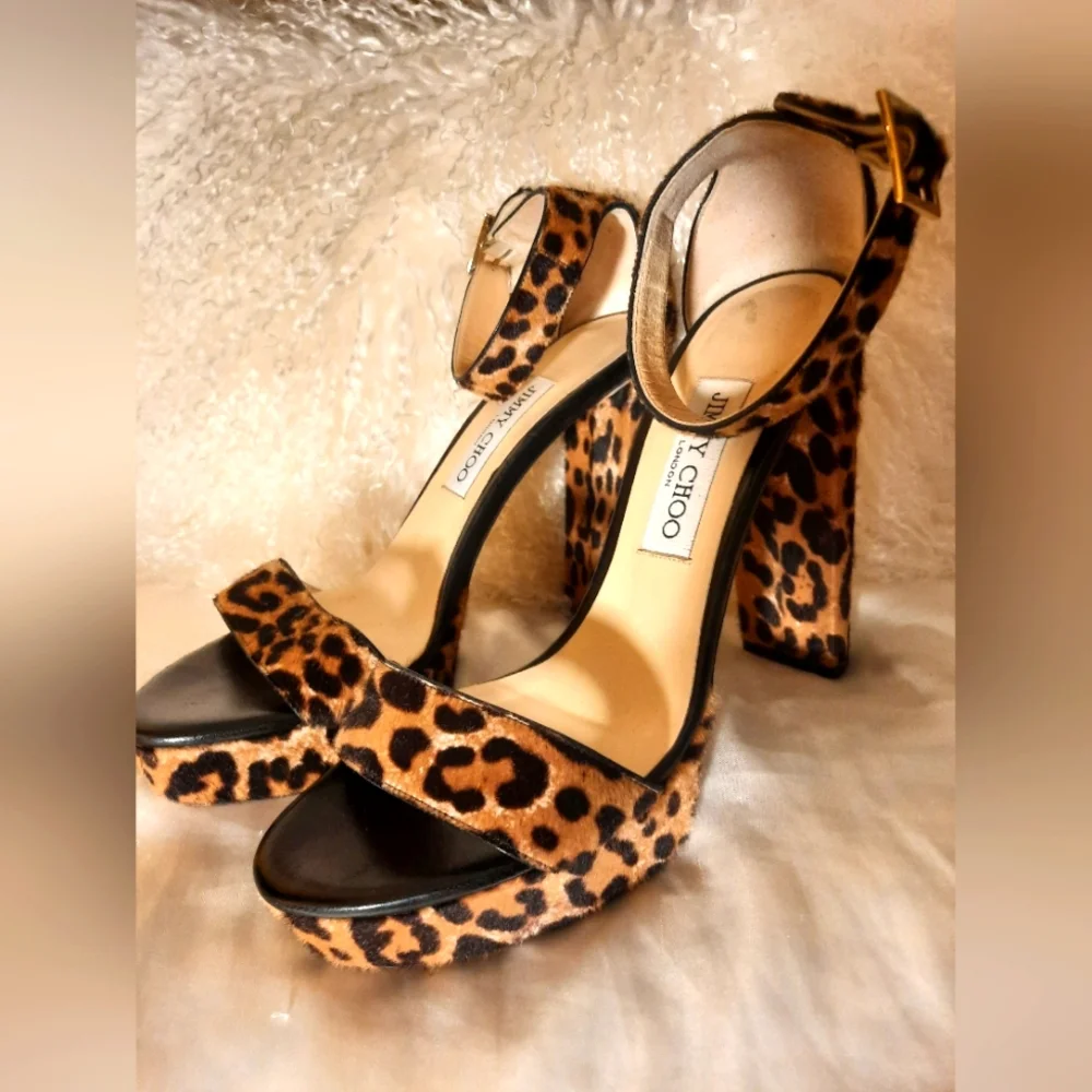 JIMMY CHOO Platform Leopard Sandals Sz 39 Euro US 8.5 - Picture 1 of 13